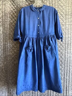 Oilily Blue 100% Cotton Button-Front Dress with Pocket Bows